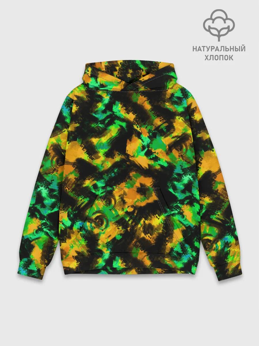 Худи мужской база хлопок / Абстрактный желто-зеленый узор