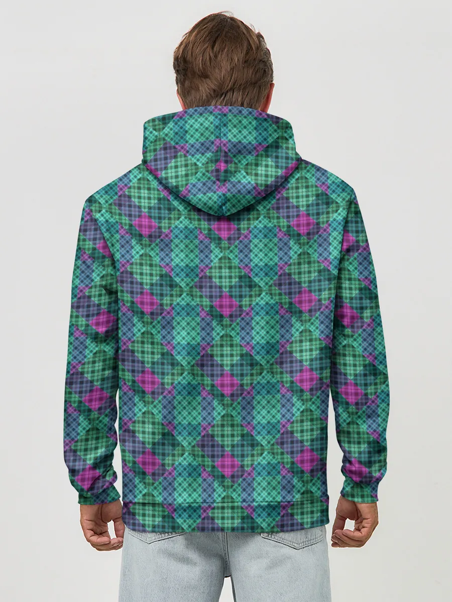 Худи мужской база хлопок / Бирюзовый клетчатый узор