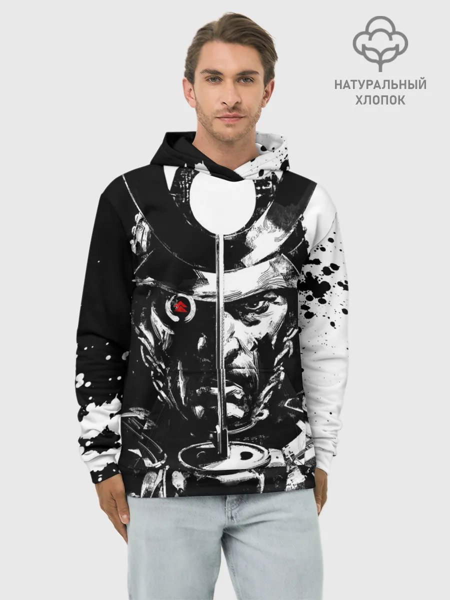 Худи мужской база хлопок / Самурай | ЧБ | Лого