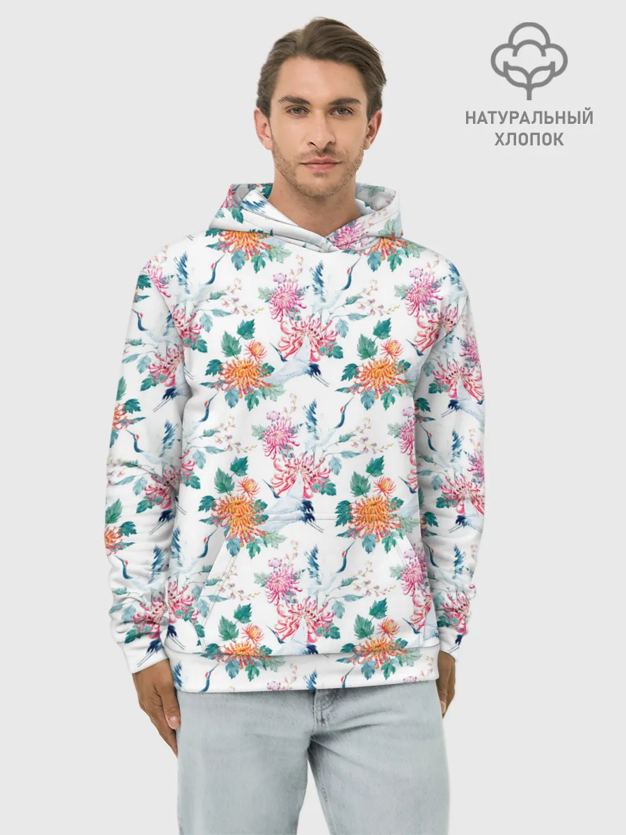 Худи мужской база хлопок / Журавли и хризантемы