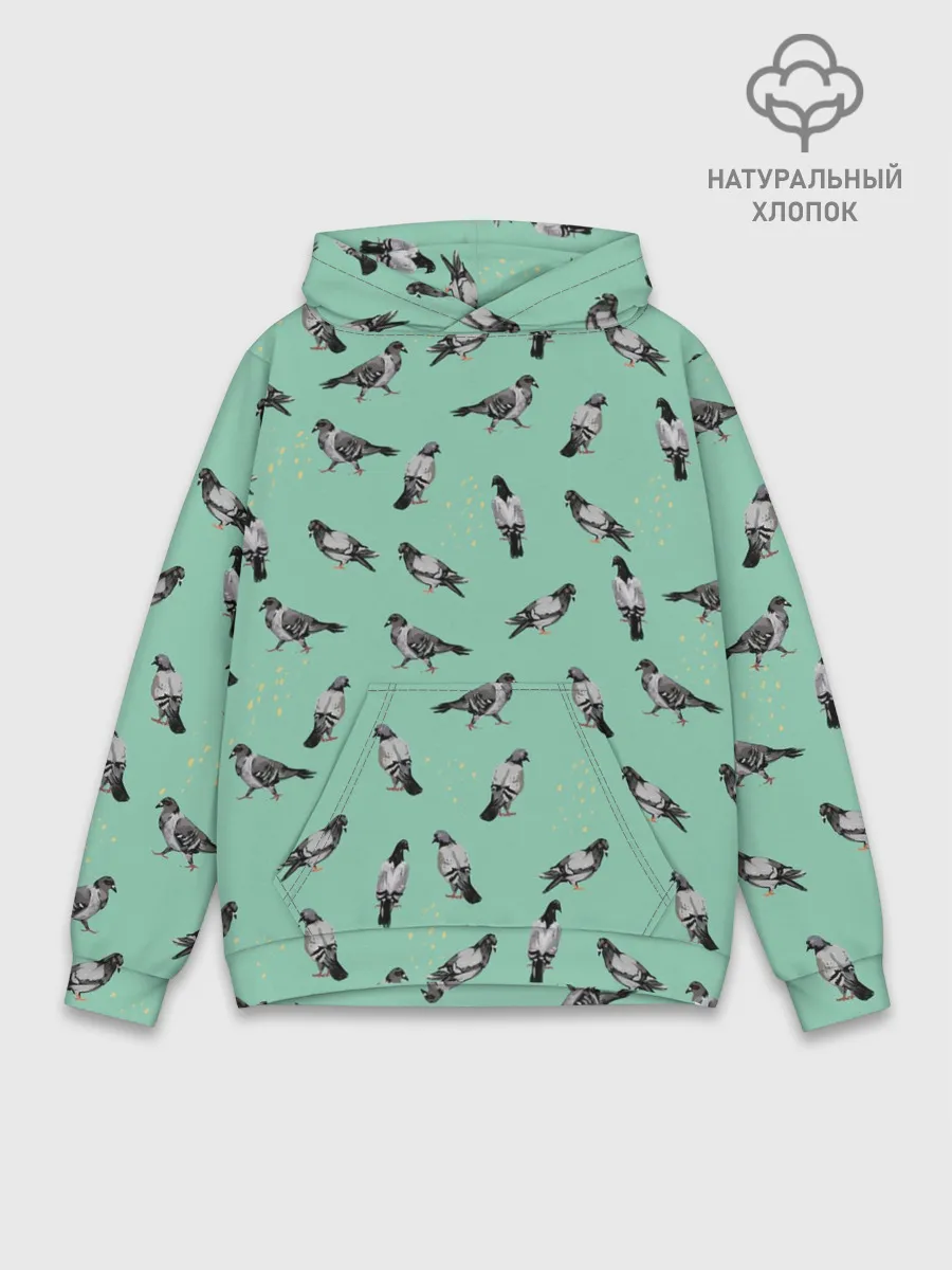 Худи мужской база хлопок / Голуби на зеленом