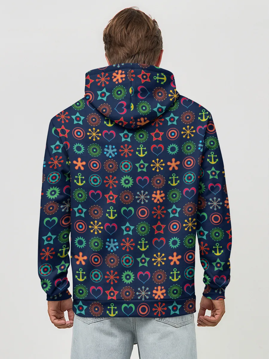 Худи мужской база хлопок / Морской разноцветный узор