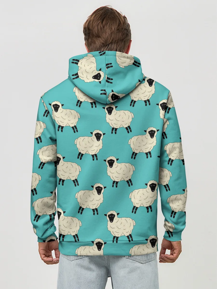 Худи мужской база хлопок / Овечки паттерн на бирюзовом