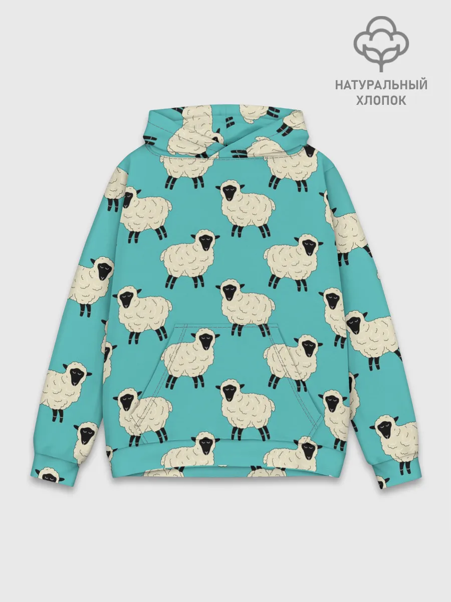 Худи мужской база хлопок / Овечки паттерн на бирюзовом