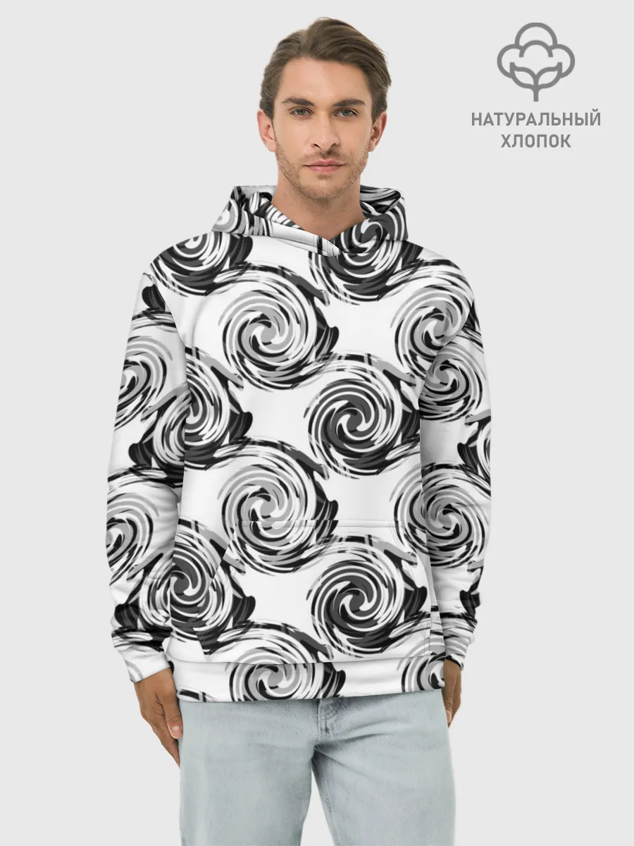 Худи мужской база хлопок / Черно-белый абстрактный узор