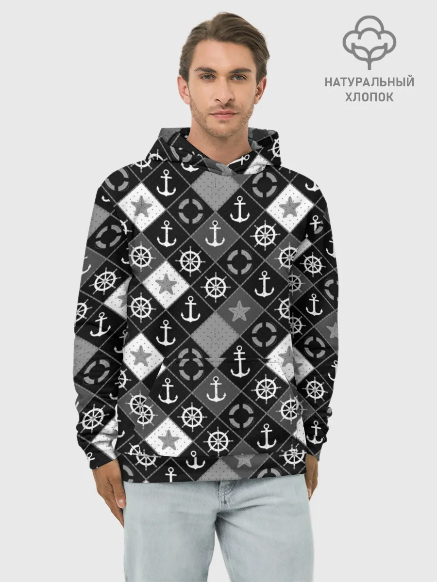 Худи мужской база хлопок / Черно-белый морской плед