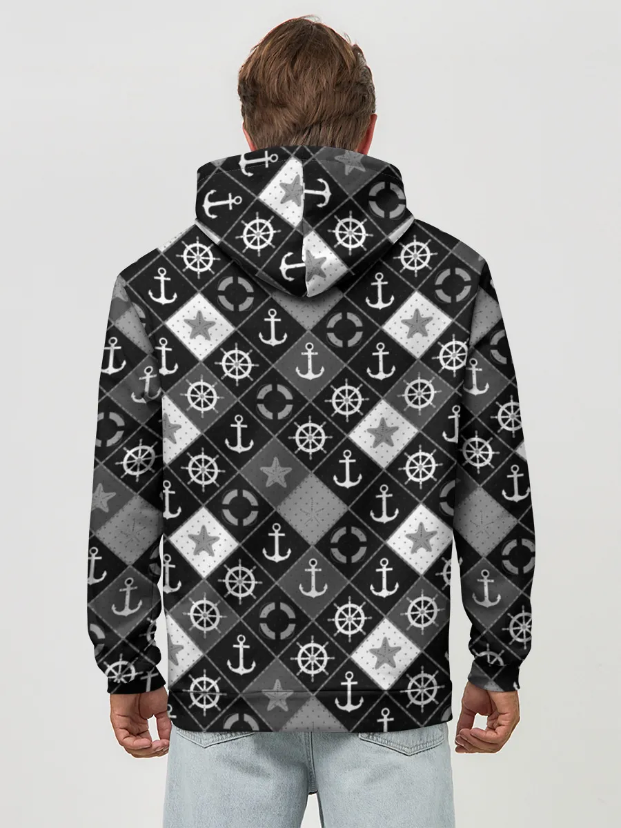 Худи мужской база хлопок / Черно-белый морской плед