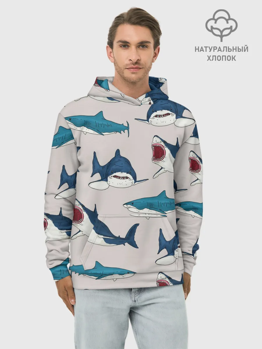 Худи мужской база хлопок / Кровожадные акулы паттерн