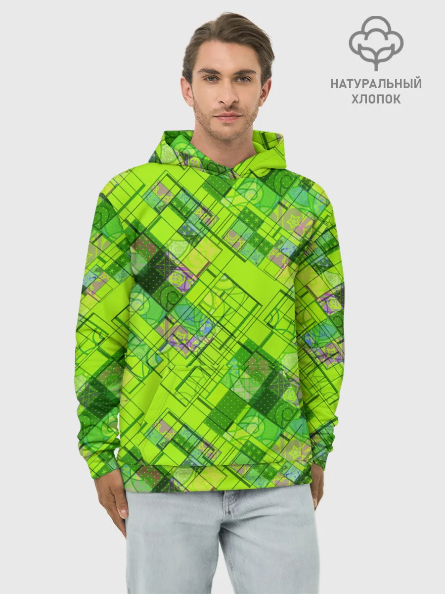 Худи мужской база хлопок / Ярко-зеленый абстрактный узор