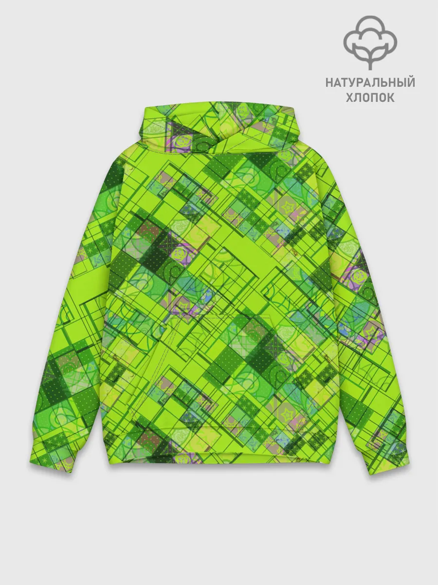 Худи мужской база хлопок / Ярко-зеленый абстрактный узор