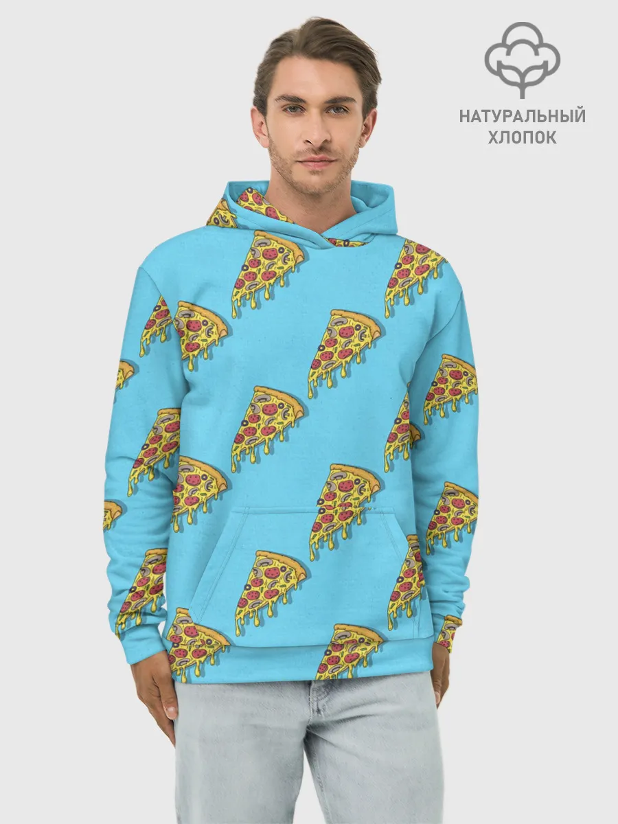 Худи мужской база хлопок / Пицца паттерн на голубом