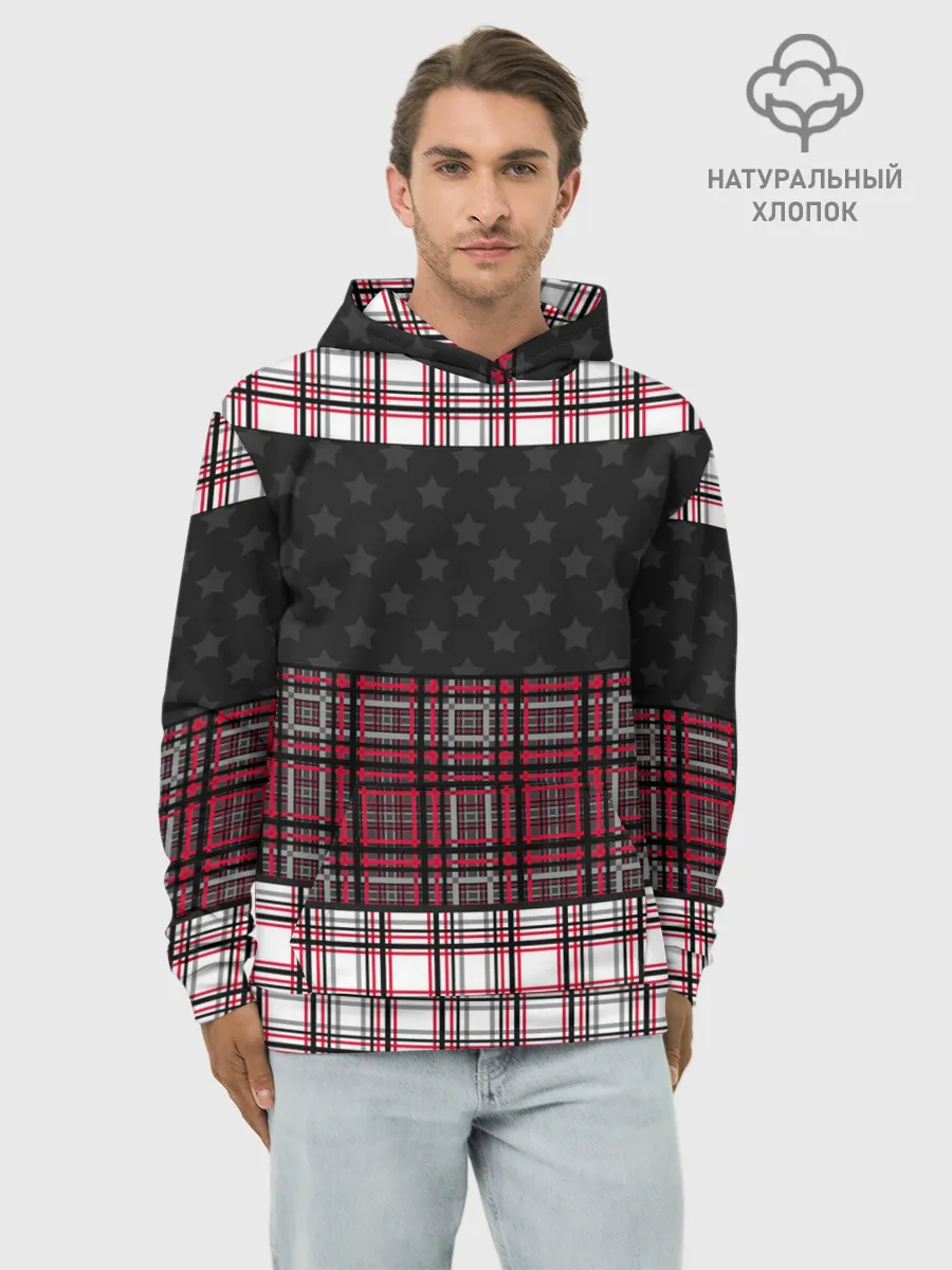 Худи мужской база хлопок / Комбинированный красно-серый