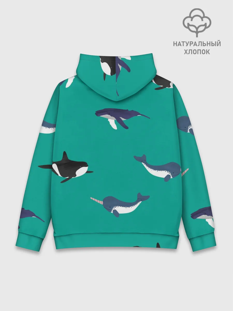 Худи мужской база хлопок / Нарвал, киты, касатка паттерн