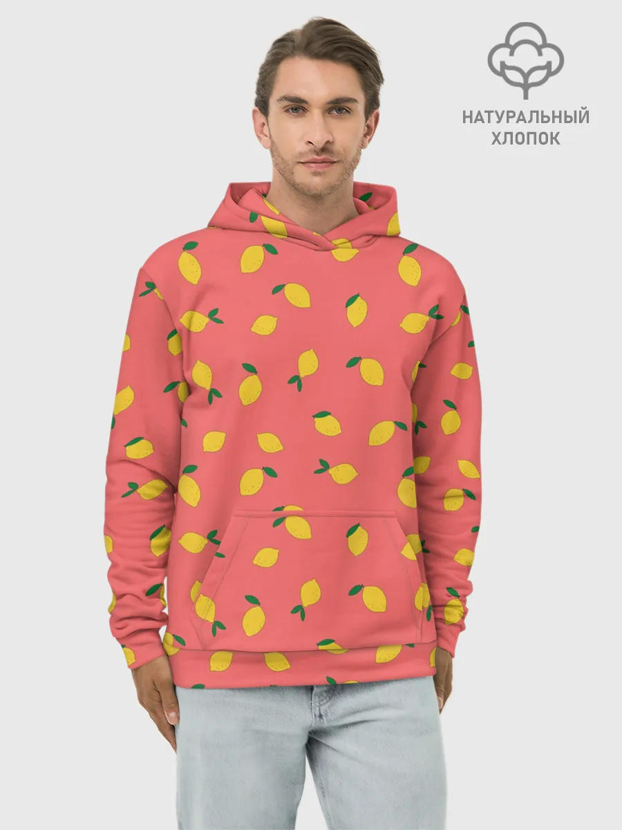 Худи мужской база хлопок / Лимоны на кораловом