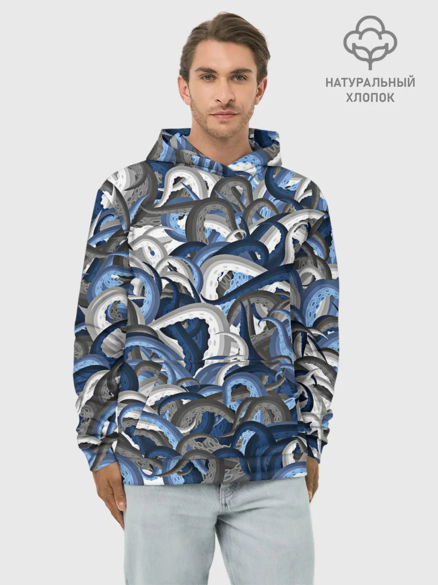 Худи мужской база хлопок / Синий камуфляж с щупальцами