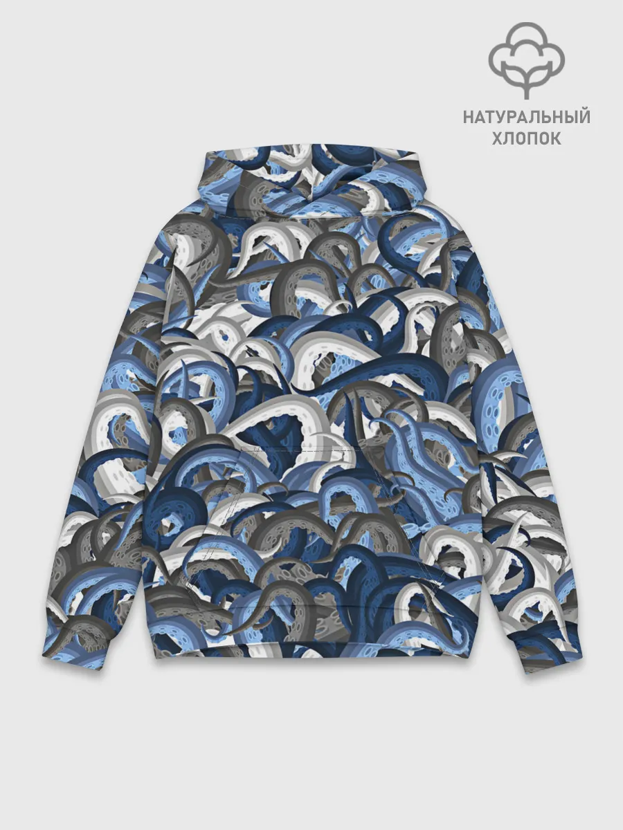 Худи мужской база хлопок / Синий камуфляж с щупальцами