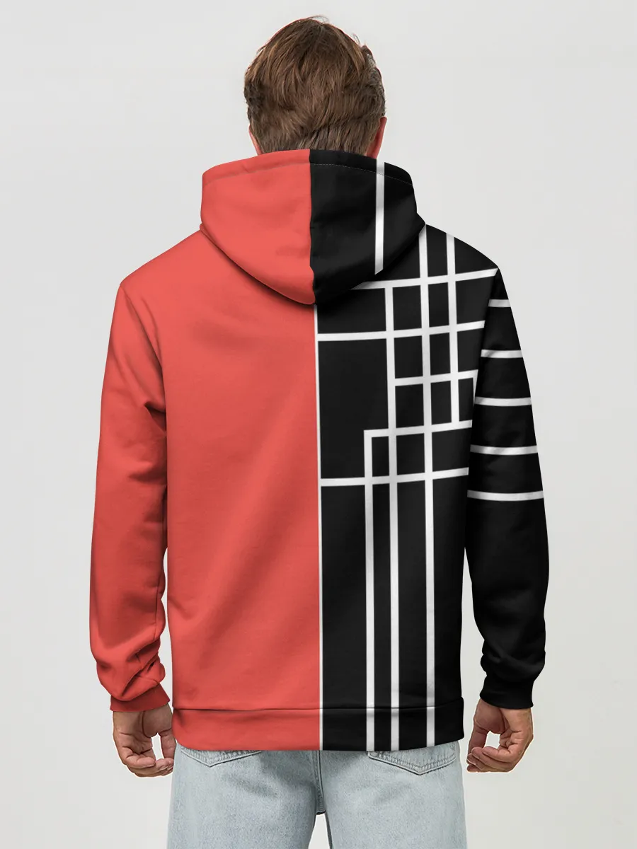 Худи мужской база хлопок / Черный и коралловый арт деко