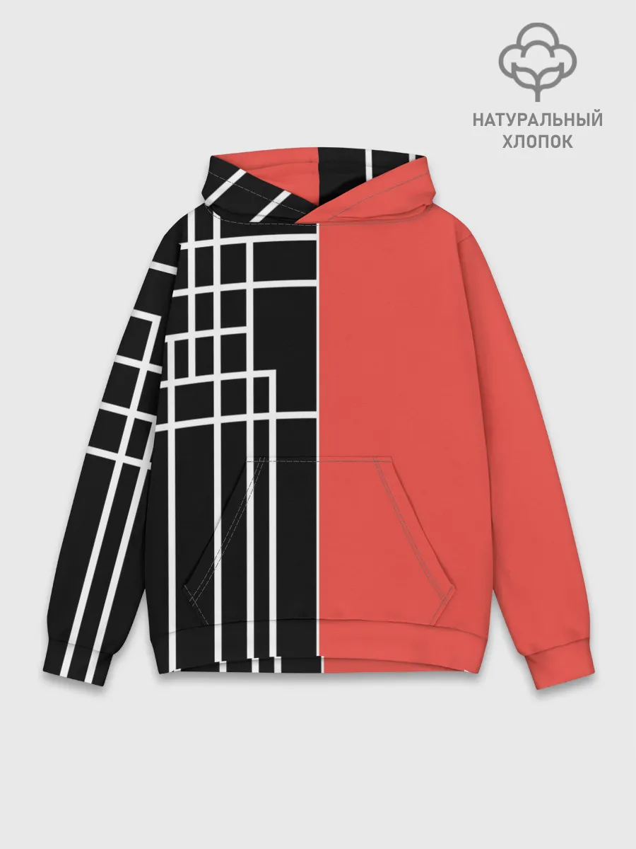 Худи мужской база хлопок / Черный и коралловый арт деко