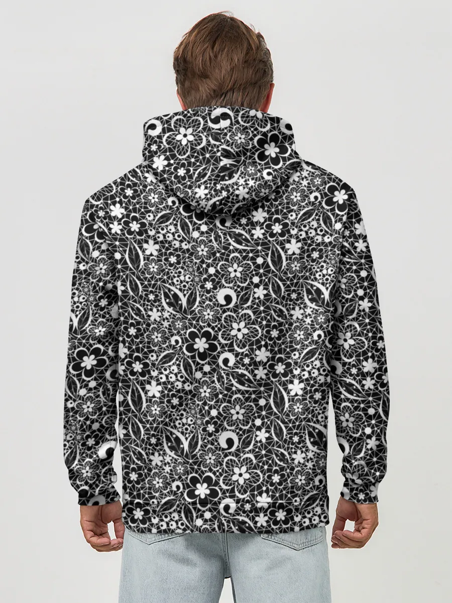 Худи мужской база хлопок / Кружевной черно белый узор