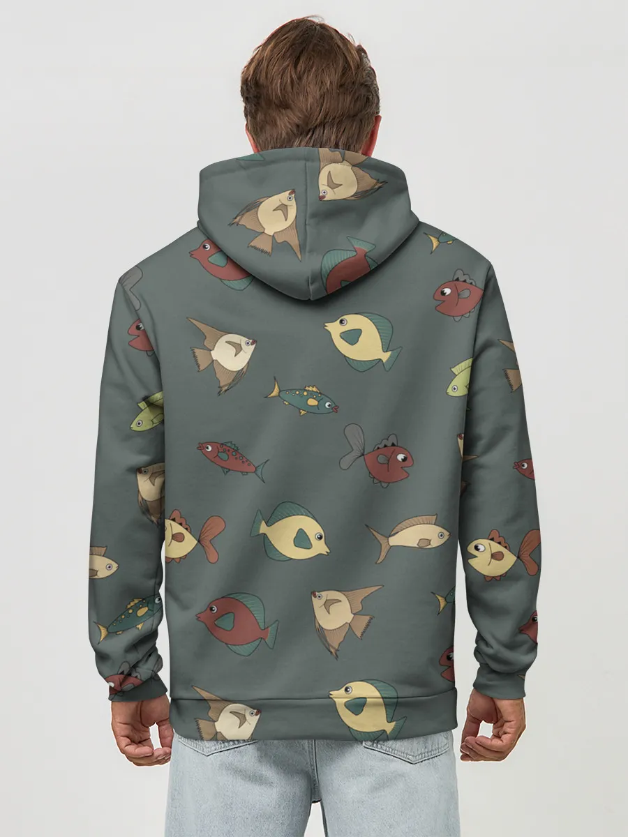 Худи мужской база хлопок / Морские рыбки на зеленом фоне
