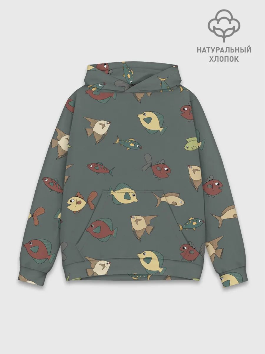 Худи мужской база хлопок / Морские рыбки на зеленом фоне
