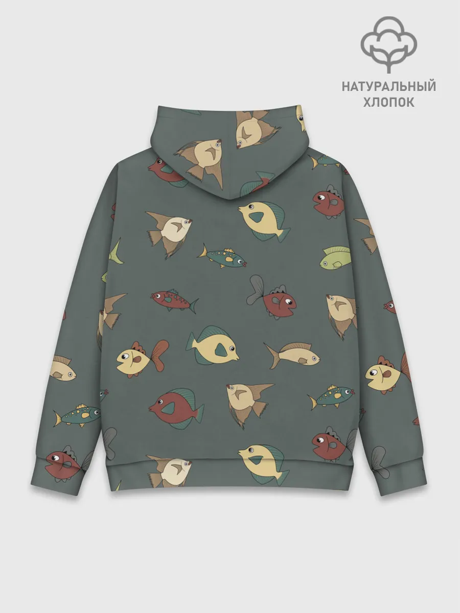 Худи мужской база хлопок / Морские рыбки на зеленом фоне