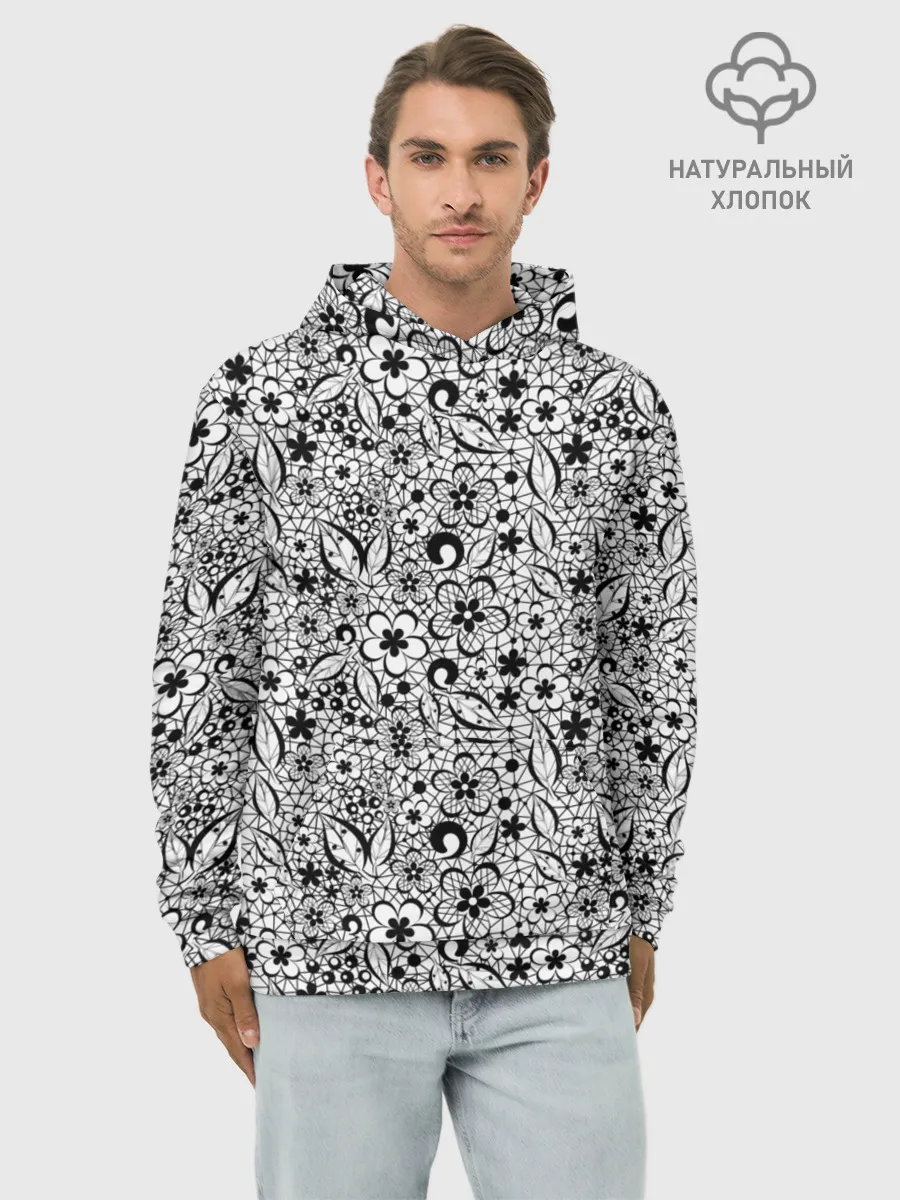 Худи мужской база хлопок / Черное кружево цветочное