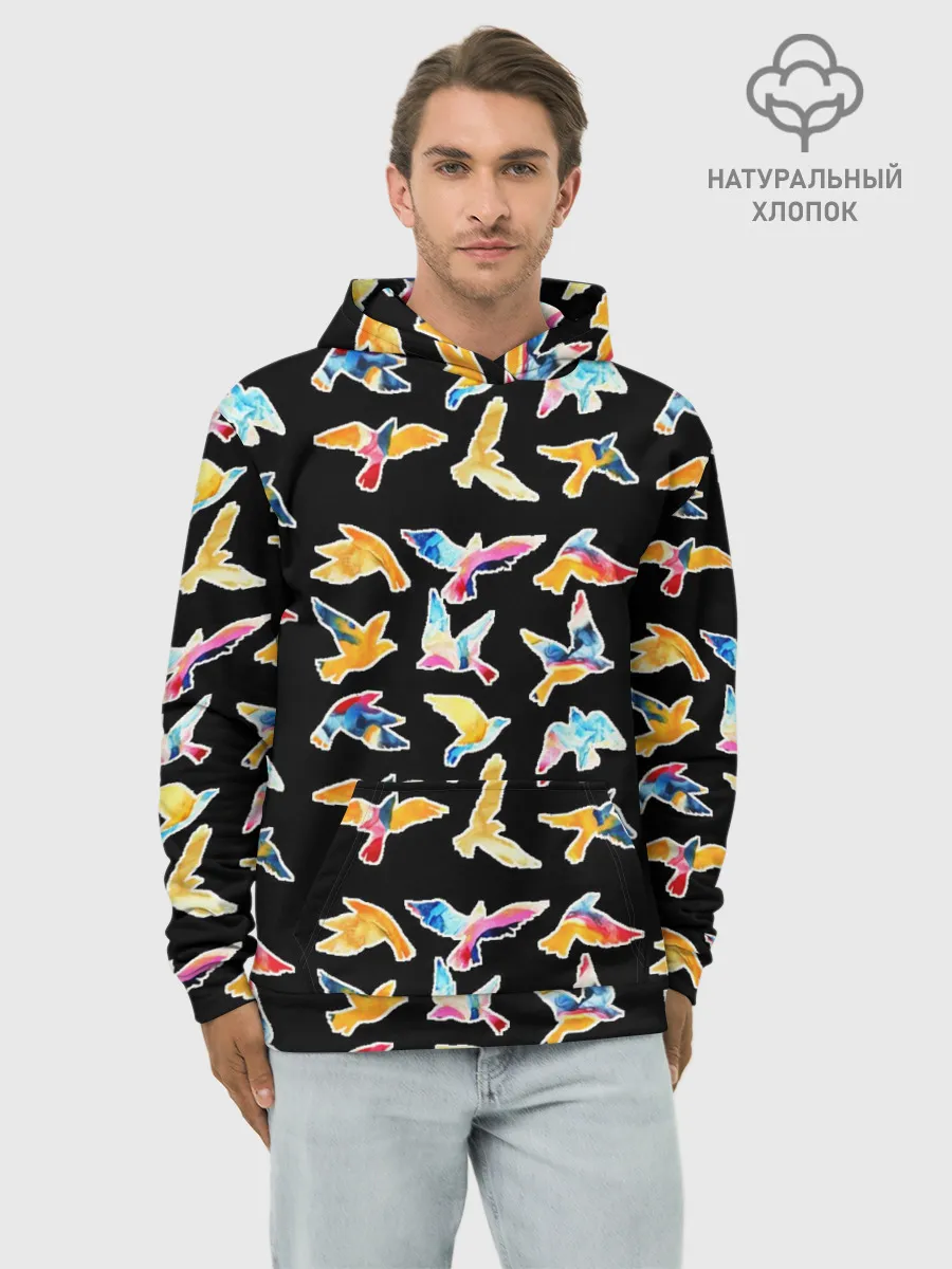 Худи мужской база хлопок / парящие акварельные птицы