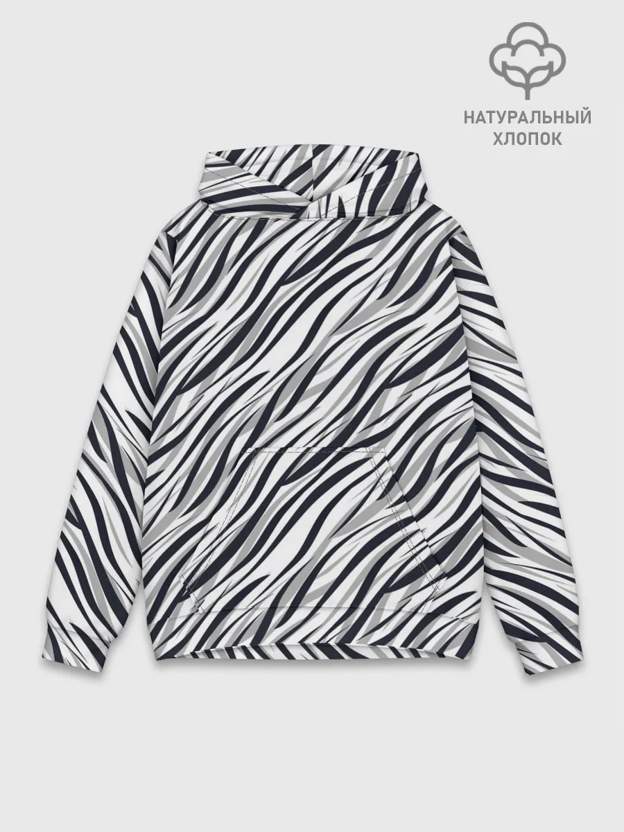 Худи мужской база хлопок / Черно-белый полосатый тигровый