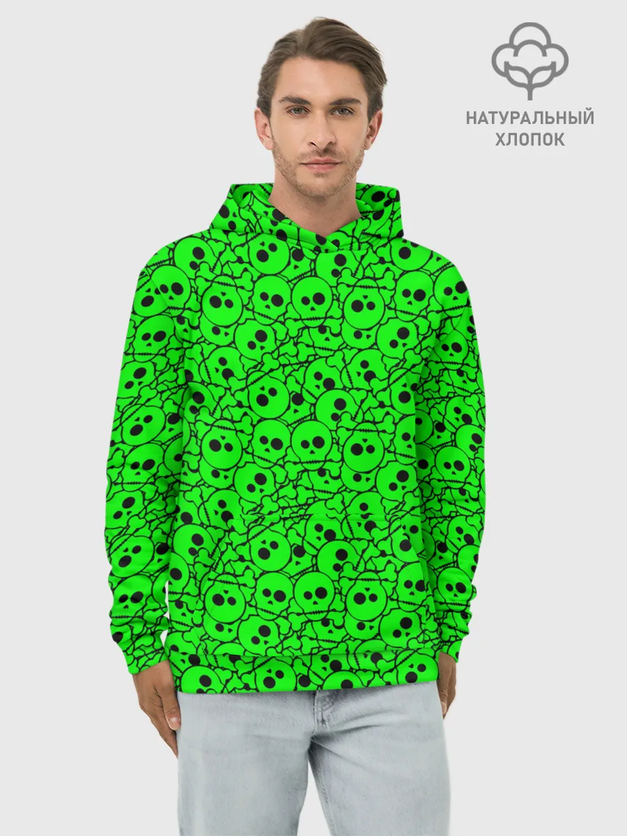 Худи мужской база хлопок / Черепа на кислотно-зеленом фоне