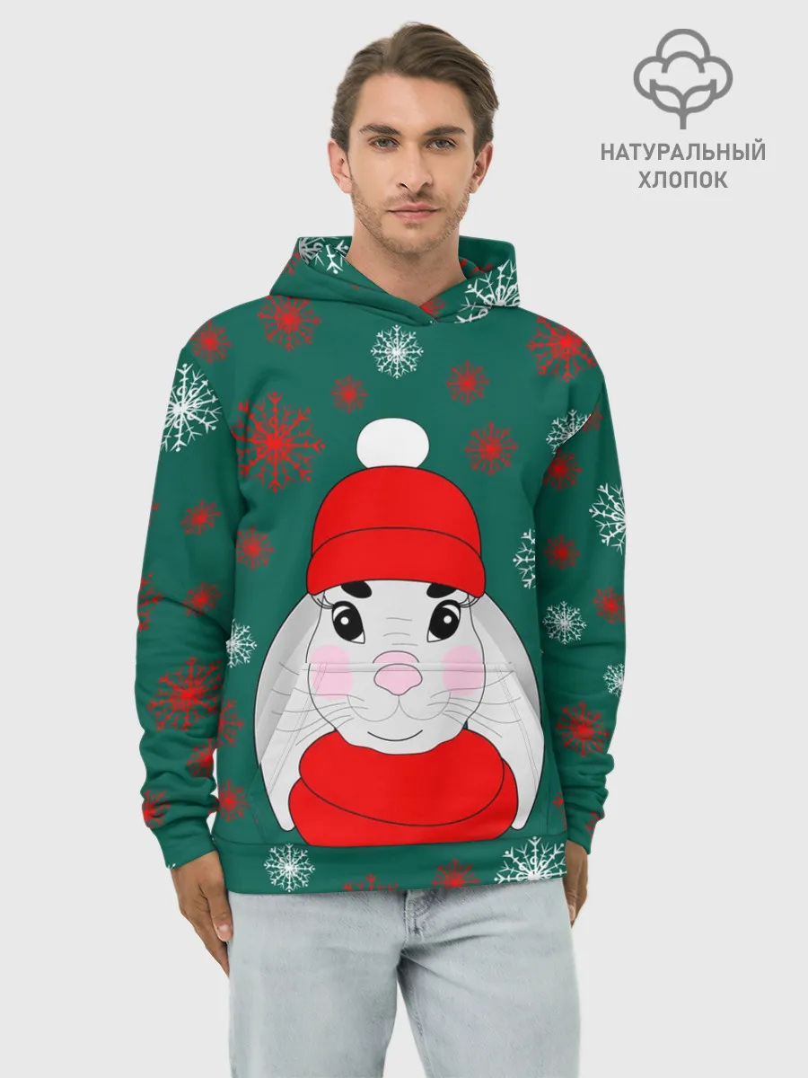 Худи мужской база хлопок / зимний кролик и снежинки