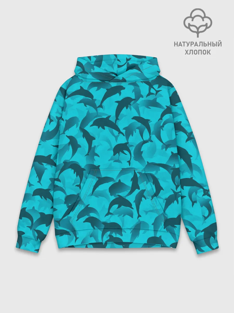 Худи мужской база хлопок / Синий камуфляж с дельфинами