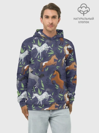 Худи мужской база хлопок / Лошадки узор