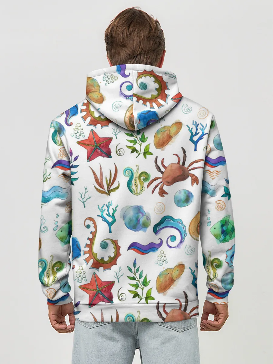 Худи мужской база хлопок / Морской паттерн с крабами и водорослями