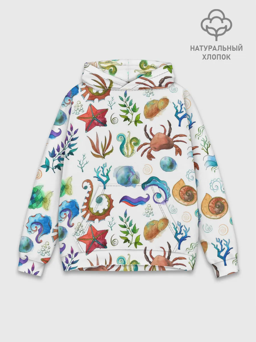 Худи мужской база хлопок / Морской паттерн с крабами и водорослями