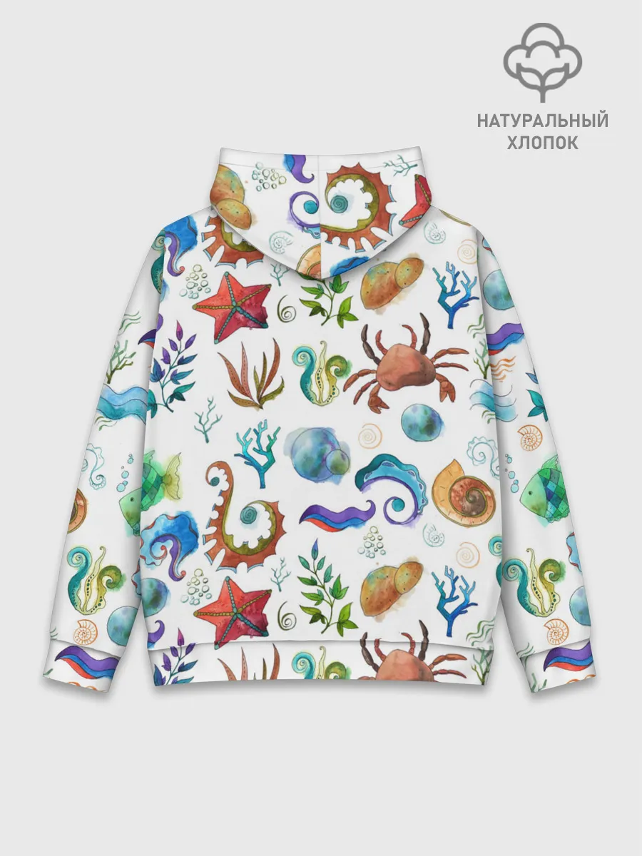Худи мужской база хлопок / Морской паттерн с крабами и водорослями