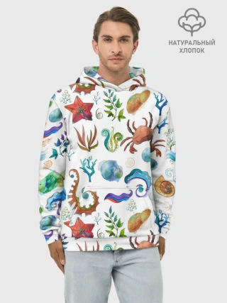 Худи мужской база хлопок / Морской паттерн с крабами и водорослями