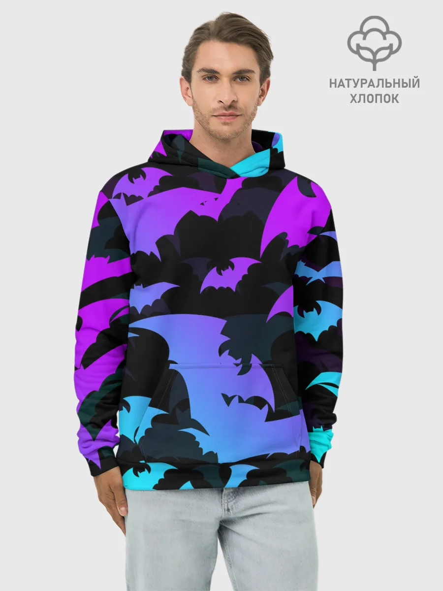 Худи мужской база хлопок / ЛЕТУЧИЕ МЫШИ ХЕЛЛОУИН НЕОН / HALLOWEEN NEON