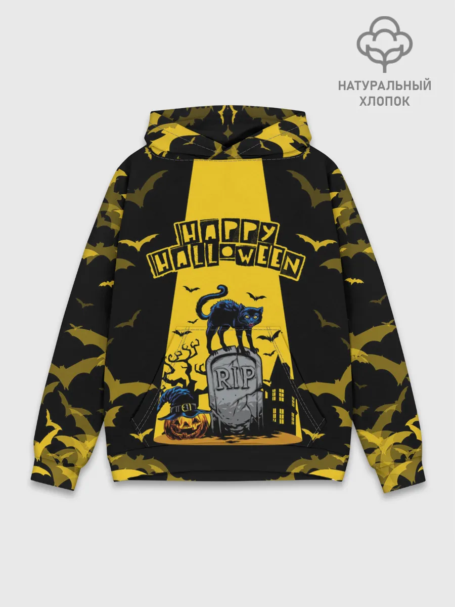 Худи мужской база хлопок / КОТ НА КЛАДБИЩЕ | ХЕЛЛОУИН