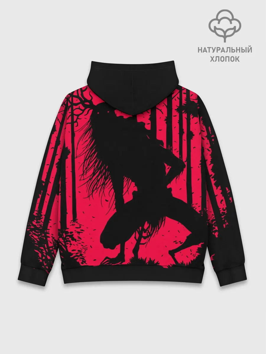 Худи мужской база хлопок / Красный скелет в диком лесу