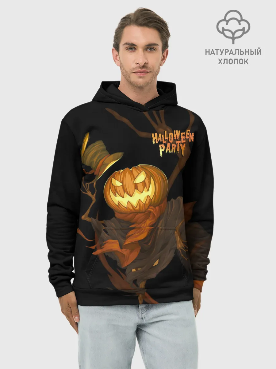 Худи мужской база хлопок / Приветливая тыква на Хэллоуин