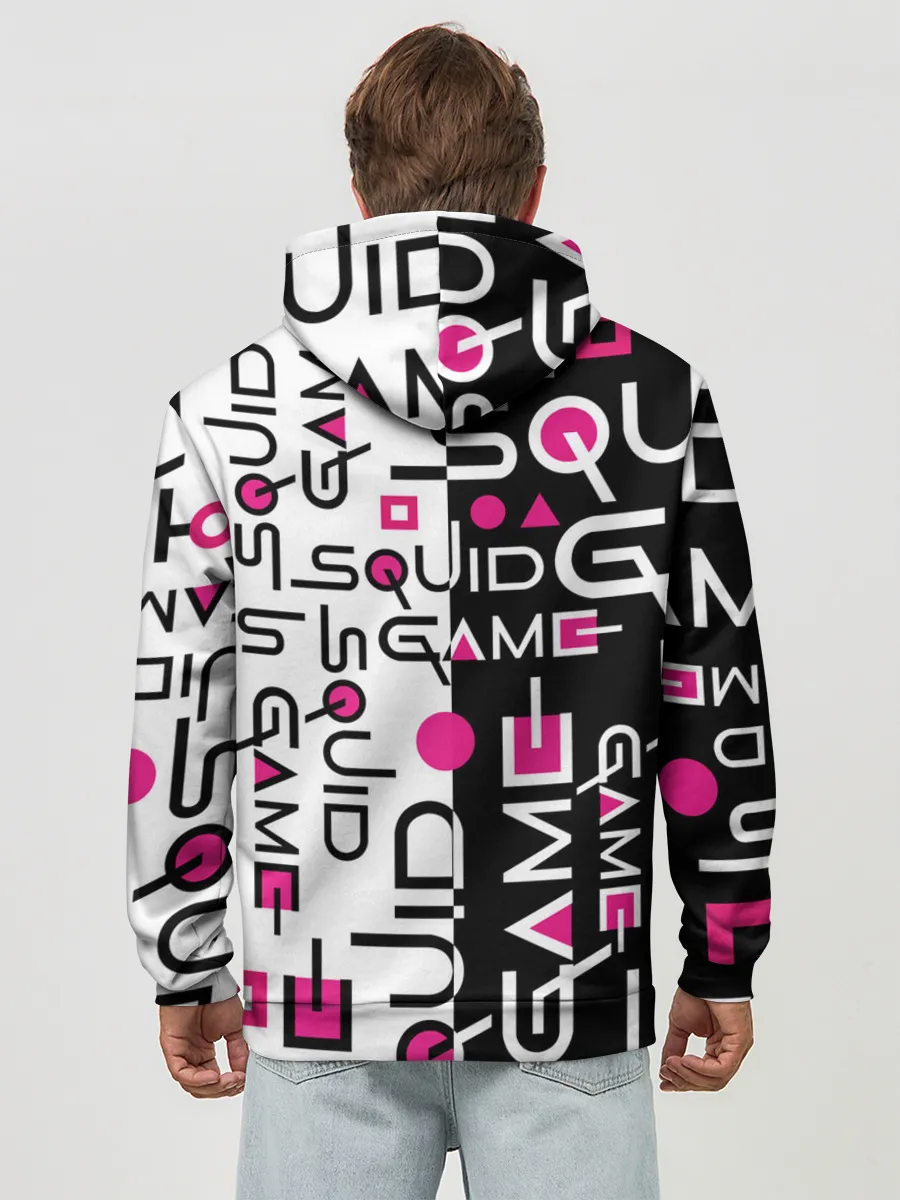 Худи мужской база хлопок / ИГРА В КАЛЬМАРА / ЧЁРНО БЕЛЫЙ ПАТТЕРН ЛОГО