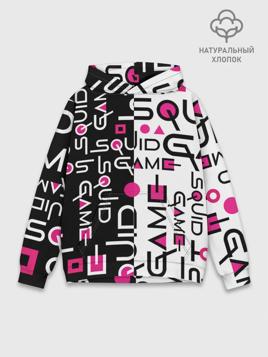 Худи мужской база хлопок / ИГРА В КАЛЬМАРА / ЧЁРНО БЕЛЫЙ ПАТТЕРН ЛОГО