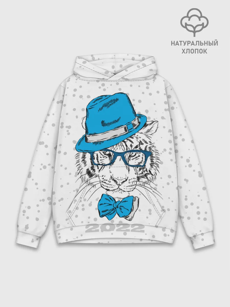 Худи мужской база хлопок / Белый тигр в синей шляпе