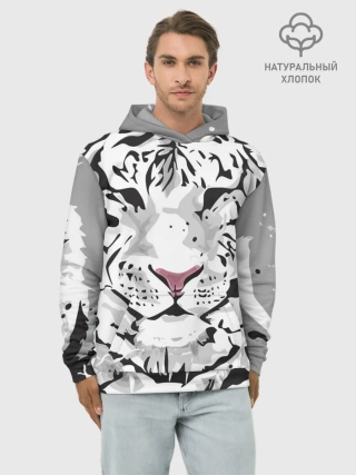 Худи мужской база хлопок / Белый снежный тигр