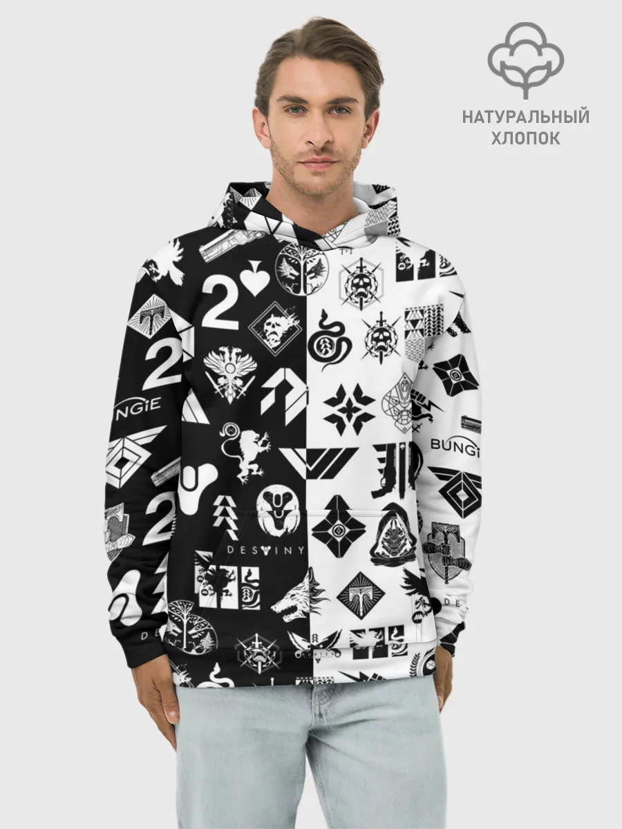 Худи мужской база хлопок / DESTINY LOGOBOMBING ЧЁРНО БЕЛОЕ