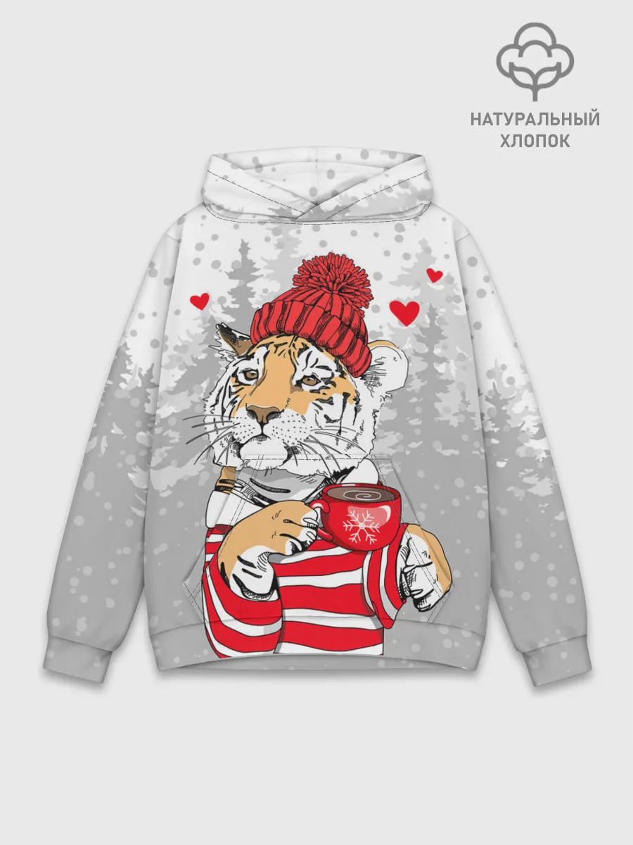 Худи мужской база хлопок / Тигр с чашкой кофе