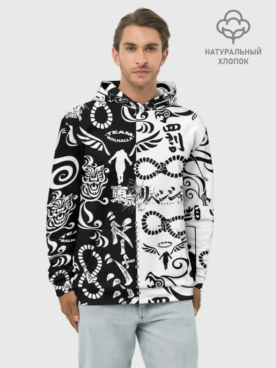 Худи мужской база хлопок / ТОКИЙСКИЕ МСТИТЕЛИ ЛОГОБОМБИНГ ЧБ