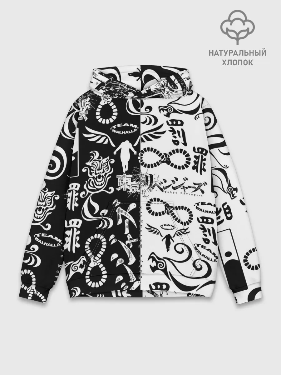 Худи мужской база хлопок / ТОКИЙСКИЕ МСТИТЕЛИ ЛОГОБОМБИНГ ЧБ