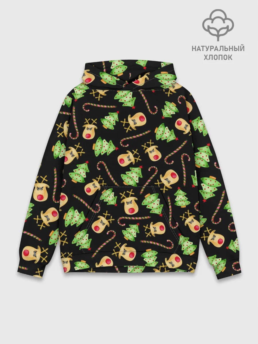Худи мужской база хлопок / Олени, елки и карамель